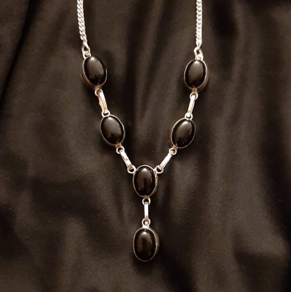 Genuine Black Onyx Necklace- 925 Sterling Silver Plated Over Copper - Picture 2 of 7